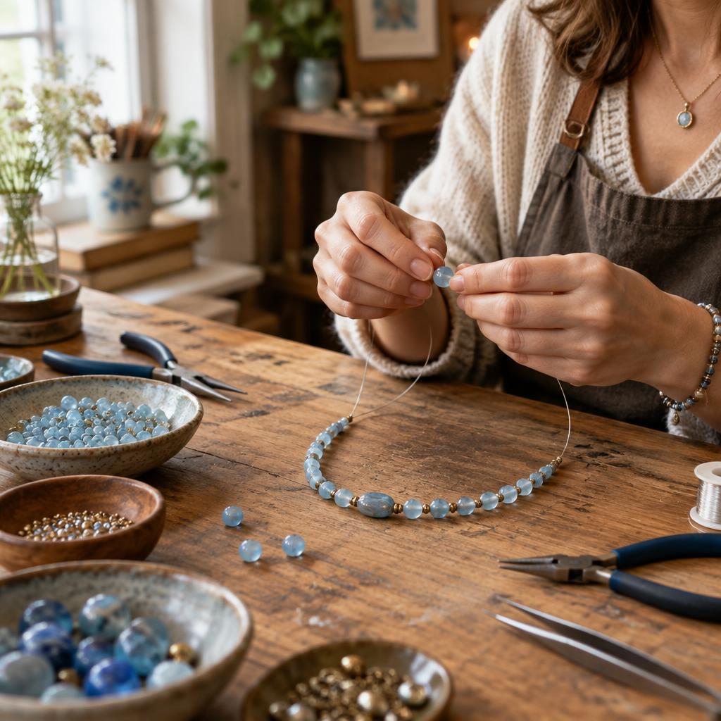 Artesã montando um colar de contas azuis à mão
